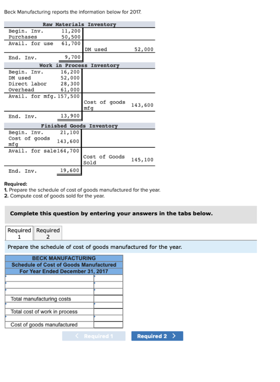 Beck Manufacturing reports the information below for 2017 Raw Materials Inventor Begin. Inv. Purchases 11,200 50,500 Avail. for use 61, 700 DM used 52,000 End. Inv 9,700 Work in Process Inventor Begin. Inv. DM used Direct labor Overhead Avail. for mfg. 157,500 16,200 52,000 28,300 61,000 Cost of goods 143,600 End. Inv 13,900 Finished Goods Invento Begin. Inv. Cost of goods 143,600 21,100 Avail. for sale164,700 cost of Goods 145,100 Sold End. Inv. 19,600 Required 1. Prepare the schedule of cost of goods manufactured for the year 2. Compute cost of goods sold for the year. Complete this question by entering your answers in the tabs below. Required Required Prepare the schedule of cost of goods manufactured for the year. 2 BECK MANUFACTURING Schedule of Cost of Goods Manufactured For Year Ended December 31, 2017 Total manufacturing costs Total cost of work in process Cost of goods manufactured Required 1 Required 2 >