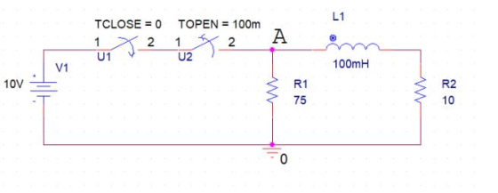 L1 TCLOSE = 0 TOPEN = 100m A U1 U2 100mH V1 R1 10V R2 75 10 0.