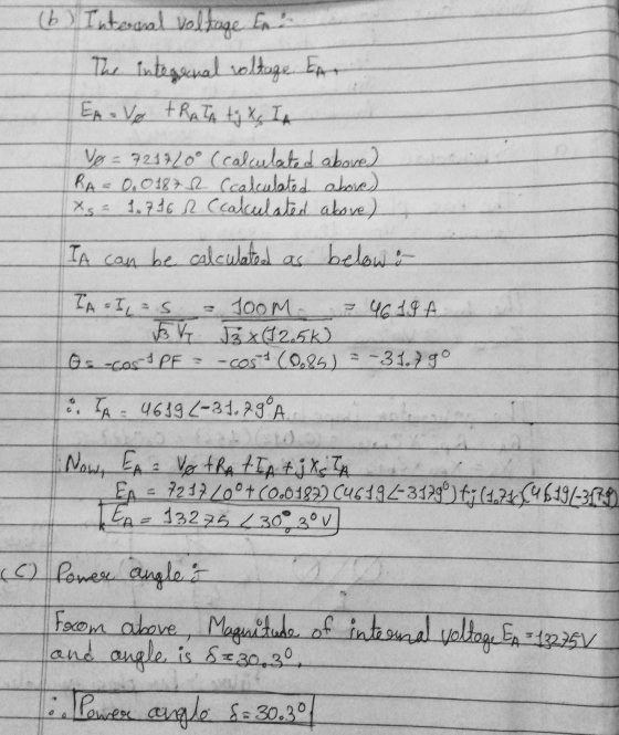 (6) Internal voltage en The interenal voltage EA EA: Vo thATA tj X, IA Vo=721720° (calculated above) RA=0.01872 Scalculated a