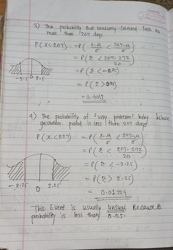 Dete Pone 3) The probability that randomly selected lasts no more than. 267 days 20 P(XC 267) P ( x-M L 269-14 = P(2 2 267-27