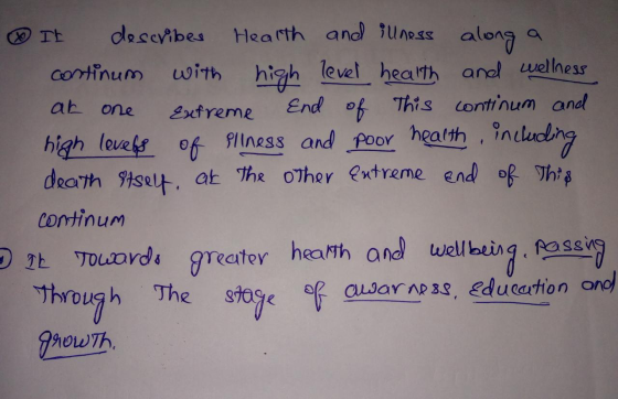 . It describes Health and illness along a continum with high level health and wellness at one Extreme End of This continum an