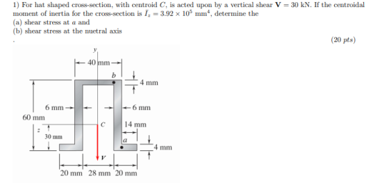 1) For hat shaped cross-section, with centroid C, is acted upon by a vertical shear V = 30 kN. If the centroidal moment of in