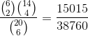 \frac{\binom{6}{2}\binom{14}{4}}{\binom{20}{6}} = \frac{15015}{38760}