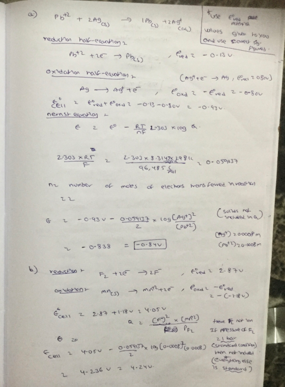(e) pot2 + 2Ag 1Pb(s) +2A (on) use Eve pote poren I wilues given to you and use corect sig- reduction hak-equation 2 Phth the