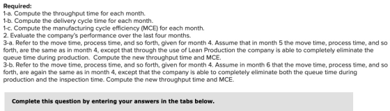 Required: 1-a. Compute the throughput time for each month. 1-b. Compute the delivery cycle time for each month. 1-c. Compute