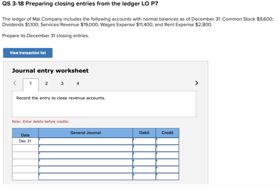 QS 3-18 Preparing closing entries from the ledger LO P7 The ledger of Mai Company includes the following accounts with normal