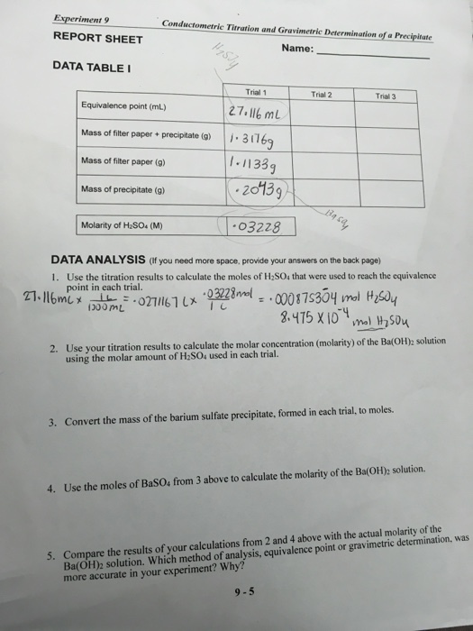 Experiment 9 Conductometric Titration and Gravimetric Determination of a Precipitate REPORT SHEET Name: DATA TABLE Trial 1 Trial 2 Trial 3 Equivalence point (mL) 27.l16 mL Mass of filter paper precipitate ()311 I1133 20139 03228 Mass of filter paper (9) Mass of precipitate (g) Molarity of HaSO (M) DATA ANALYSIS (If you need more space, provide your answers on the back page) 1. Use the titration results to calculate the moles of H2SO4 that were used to reach the equivalence point in each trial. 3.415 X10 nal504 2. Use your r titration results to calculate the molar concentration (molarity) of the Ba(OH)2 solution using the molar amount of H2SO4 used in each trial. 3. Convert the mass of the barium sulfate precipitate, formed in each trial, to moles. 4. Use the moles of BaS0s from 3 above to calculate the molarity of the Ba(OH)2 solution. Ba(OH)2 solution. Which method of analysis, equivalence point or gravimetric determination, was more accurate in your experiment? Why? 5. Compare the results of your calculations from 2 and 4 above with the actual molariy of the 9-5