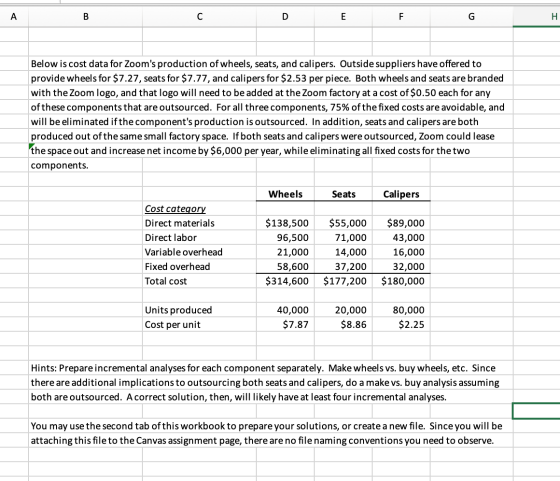 A DE Below is cost data for Zooms production of wheels, seats, and calipers. Outside suppliers have offered to provide wheel
