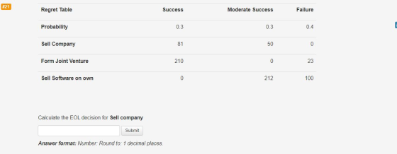 # 21 Regret Table Success Moderate Success Failure Probability 0.3 0.3 0.4 Sell Company 81 50 0 Form Joint Venture 210 0 23 S