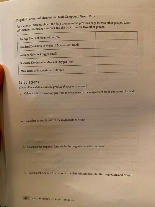 Empirical Formula of Magnesium Oxide Compound Group Data: for these calculations, obtain the data shown on the previous page