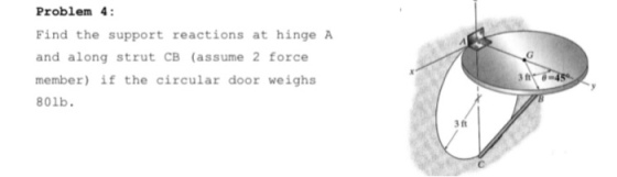 Problem 4: Find the support reactions at hinge A and along strut CB (assume 2 force member) if the circular door weighs 01b 3 ft