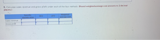 5. Calculate sales revenue and gross profit under each of the four methods. (Round weighted average cost amounts to 2 decimal