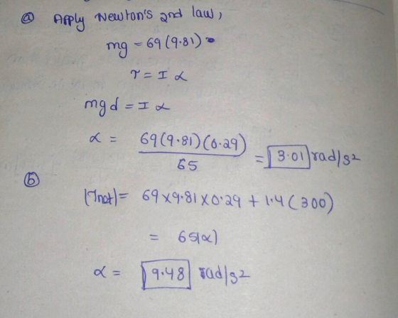 @ Apply Newtons and law, mg = 69 (9.81). T = IL mgd=It a = 6964-8)(0:29) - 3:01]rad/82 65 (Thet) = 69x9.81X0:29 + 14 (300) -