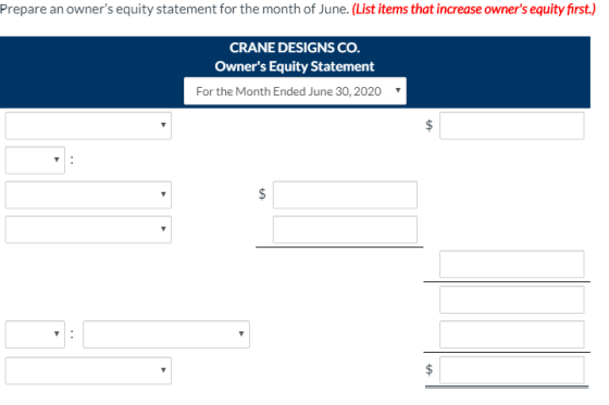 Prepare an owners equity statement for the month of June. (List items that increase owners equity first.) CRANE DESIGNS CO.