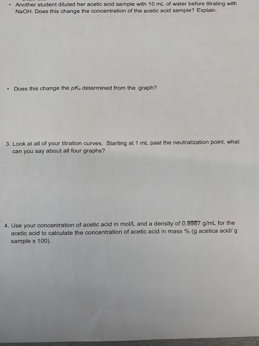 • Another student diluted her acetic acid sample with 10 ml of water before titrating with NaOH. Does this change the concent