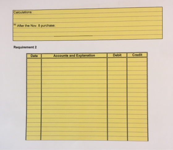 Calculations: (a) After the Nov. 8 purchase: Requirement 2 Date Accounts and Explanation Debit Credit