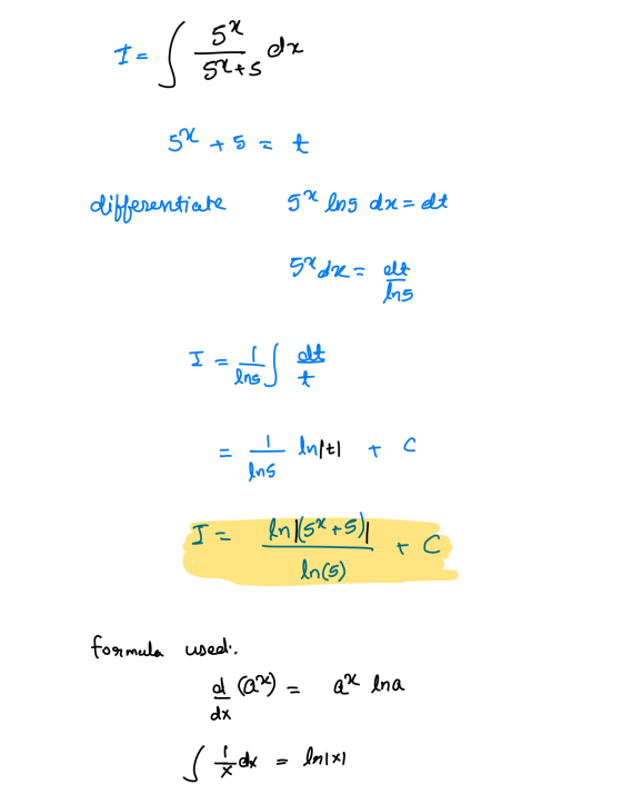 I- s 52 5215 ex 54 +5=t differentiate ga lng da=elt sadr= elt Ins I ené s alt ens = I luftl TC ens I= In 1(5*+5) ln (5) + c f