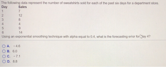 The following data represent the number of sweatshirts sold for each of the past six days for a department store. Day 2 4 Sales 12 8 4 14 Using an exponential smoothing technique with alpha equal to 0.4, what is the forecasting error for pay 4 OA. -4.6 O B. 6.0 C. OD. 8.8
