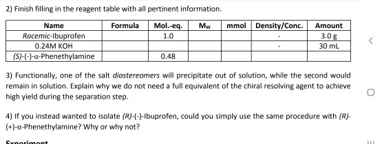 2) Finish filling in the reagent table with all pertinent information. Mw m mol Density/Conc. Formula Mol.-eq. 11.0 Name Race