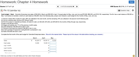 Homework: Chapter 4 Homework Save Score: 0.17 of 1 pt 4 of 6 (6 complete) HW Score: 86.21%, 5.17 of 6 pts WP4-10 (similar to)