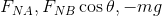 F_{NA},F_{NB}\cos\theta,-mg