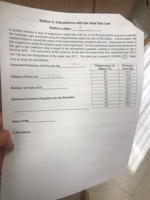 Station 2: Calculations with the Ideal Gas Law A Station Letter: A student reacted a strip of magnesium metal with 4.00 mL of