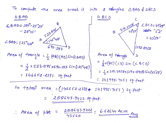 area break it into a tre angles A BAO & ABCD To compute the ABAD (BADE 1000-25°271 BCD . c 2450 24327 1. - 20°451 319.3950 B