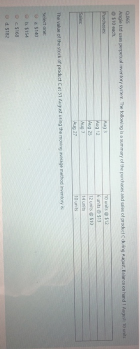 0.065 Angie Ltd uses perpetual inventory system. The following is a summary of the purchases and sales of product C during Au
