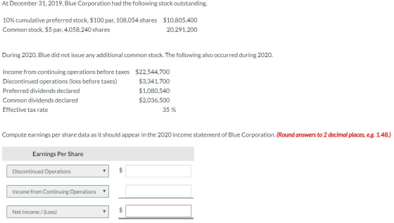 At December 31, 2019, Blue Corporation had the following stock outstanding. 10% cumulative preferred stock, $100 par, 108,054