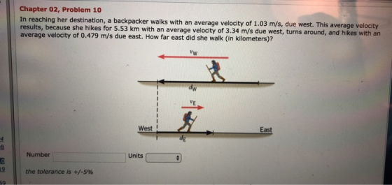 Chapter 02, Problem 10 In reaching her destination, a backpacker walks with an average velocity of 1.03 m/s, due results, because she hikes for 5.53 km with an average velocity of 3.34 m/s due west average velocity of 0.479 m/s due east. How far east did she walk (in kilometers)? west. This average velocity turns around, and hikes with an West I East Number Units the tolerance is +/-5%