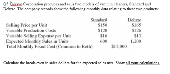 Q5. Dersyn Corporation produces and sells two models of vacuum cleaners, Standard and Deluxe. The company records show the fo