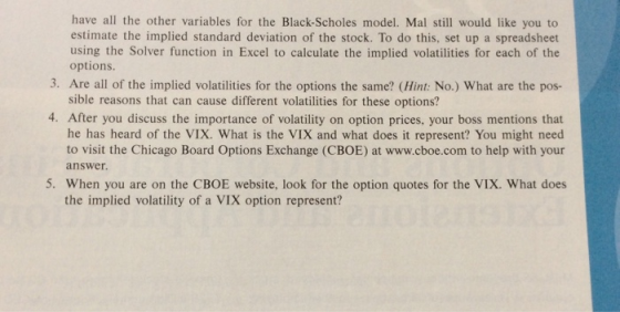 have all the other variables for the Black-Scholes model. Mal still would like you to estimate the implied standard deviation