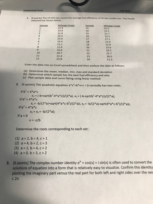 ENGR2304 Final 1.16 points, The US EPA has tested the average fuel efficiency of 24 late model cars. The results obtained are