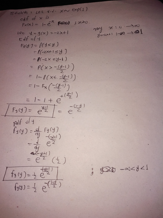 a rary to yar2x+1 :-20 l solutisch Let rir. XN exprs) cdf of x is Exin) - - ex ore 1x20. let i=9(x) = -2xt! cdfoly Fury 7=P(y