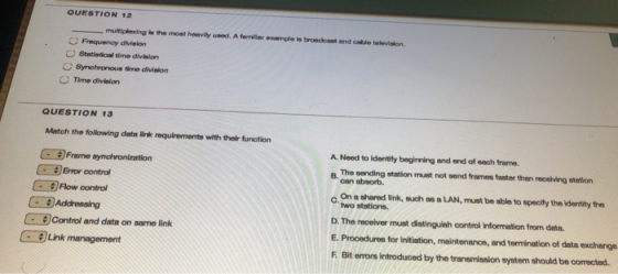 QUESTION 12 multiplewing the most heavily und. A femer example is broadcast and bieten Frequency division Statistical time di
