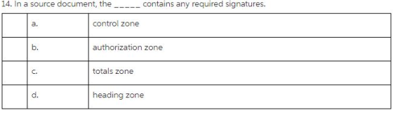 14. In a source document, the ----- contains any required signatures. control zone authorization zone totals zone heading zon