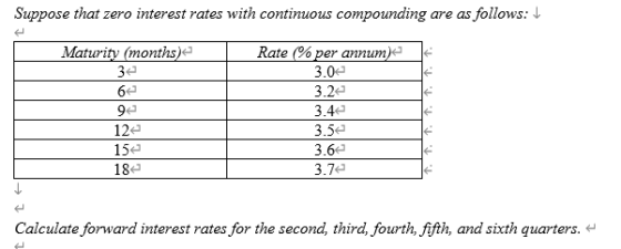 Suppose that zero interest rates with continuous compounding are as follows: Maturity (months) 34 62 94 Rate % per annum) 3.0