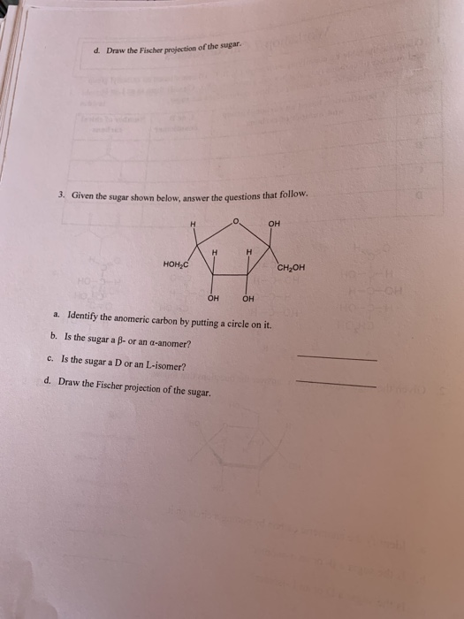 d Draw the Fischer projection of the sugar. 3. Given the sugar shown below answer the questions that follow. он CH OH Онон a.