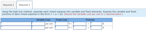 Required 1 Required 2 Using the high-low method, separate each mixed expense into variable and fixed elements. Express the va