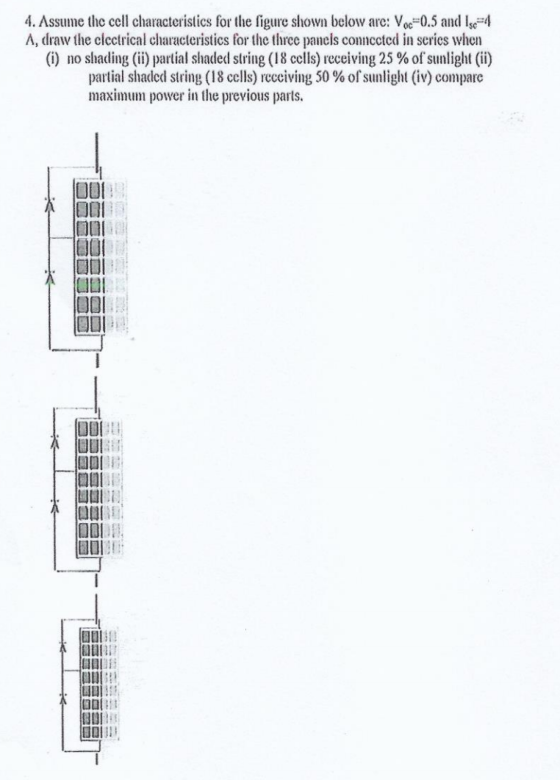 4. Assume the cell characteristics for the figure shown below are: Voc=0.5 and Ise=4 A, draw the clectrical characteristics f