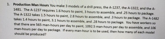 Production Man Hours You make 3 models of a drill press, the A-1237, the A-1322, and the A- 1481. The A-1237 requires 1.6 hours to paint, 3 hours to assemble, and .25 hours to package. The A-1322 takes 1.5 hours to paint, 2.8 hours to assemble, and .3 hours to package. The A-1482 takes 1.4 hours to paint, 3.1 hours to assemble, and .28 hours to package. You have workers so that there are 565 man-hours per day to paint, 1092.5 man-hours per day to assemble, and 106 man-hours per day to package. If every man-hour is to be used, then how many of each model should be produced? 1.
