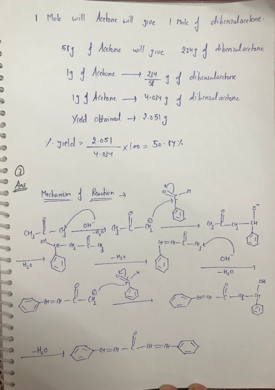 I Mole will Acelone will give I Mole of dibenzal acelone 589 f Acelone will give 234g of dibenzal acetone lg g Acetone - 234