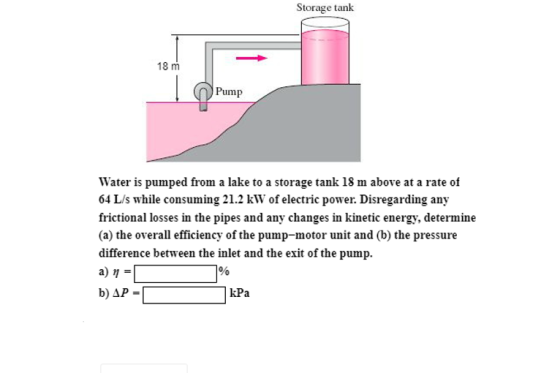 Storage tank 18 m Pump Water is pumped from a lake to a storage tank 18 m above at a rate of 64 L/s while consuming 21.2 kW of electric power. Disregarding any frictional losses in the pipes and any changes in kinetic energy, determine (a) the overall efficiency of the pump-motor unit and (b) the pressure difference between the inlet and the exit of the pump. b) AP- a) 1 kPa