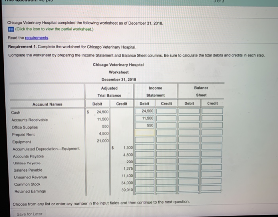HD QUOSLIUI. 40 LS 3 of 3 Chicago Veterinary Hospital completed the following worksheet as of December 31, 2018 (Click the ic