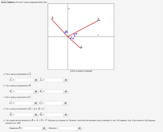 Vector Addition. For the 3 vectors depicted below, find: İCick on graph to enlarge] a. The z and V components of Λ b. The r and y components of B c. The a and y components of C. d. Tho r and y components of ii-A+B e. The magnitude and direction or R +序+ Č Express your answer for Direction such that the absoluto vau.is between 0 and 180 degrees g thea s er is 200 degrees, express it as-180) Magnitude k= Ill -Director: