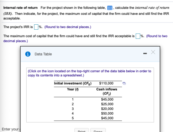 Internal rate of return For the project shown in the following table, EEB, calculate the internal rate of return (IRR). Then indicate, for the project, the maximum cost of capital that the firm could have and still find the IRR acceptable The projects IRR is | %. (Round to two decimal places.) The maximum cost of capital that the firm could have and still find the IRR acceptable is decimal places.) %. (Round to two Data Table (Click on the icon located on the top-right corner of the data table below in order to copy its contents into a spreadsheet.) Initial investment (CFo) $110,000 Year (t) Cash inflows (CFt) $45,000 $25,000 $20,000 $50,000 $45,000 4 Enter your