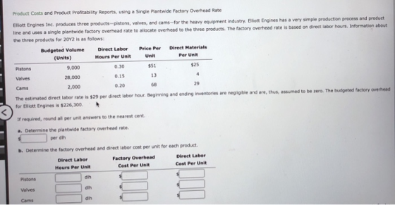 Product Costs and Product Profitability Reports, using a Single Plantwide Factory Overhead Rate Elliott Engines Inc. produces