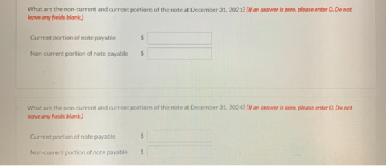 What are the non-current and current portions of the note at December 31, 2021? (If an answer is zero, please enter O. Do not