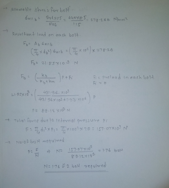 - Allowable stress for bolt bon ball b = Sydxo5 - 640xor 2 = 278~260 N/mm2 fos 15 - Resultant load on each bolt. fo= A b ball