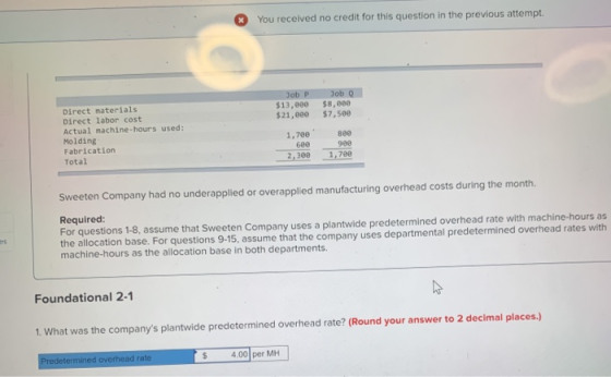 You received no credit for this question in the previous attempt ☺ Job P $13,000 $21,000 Job $8,000 $7,500 Direct materials D
